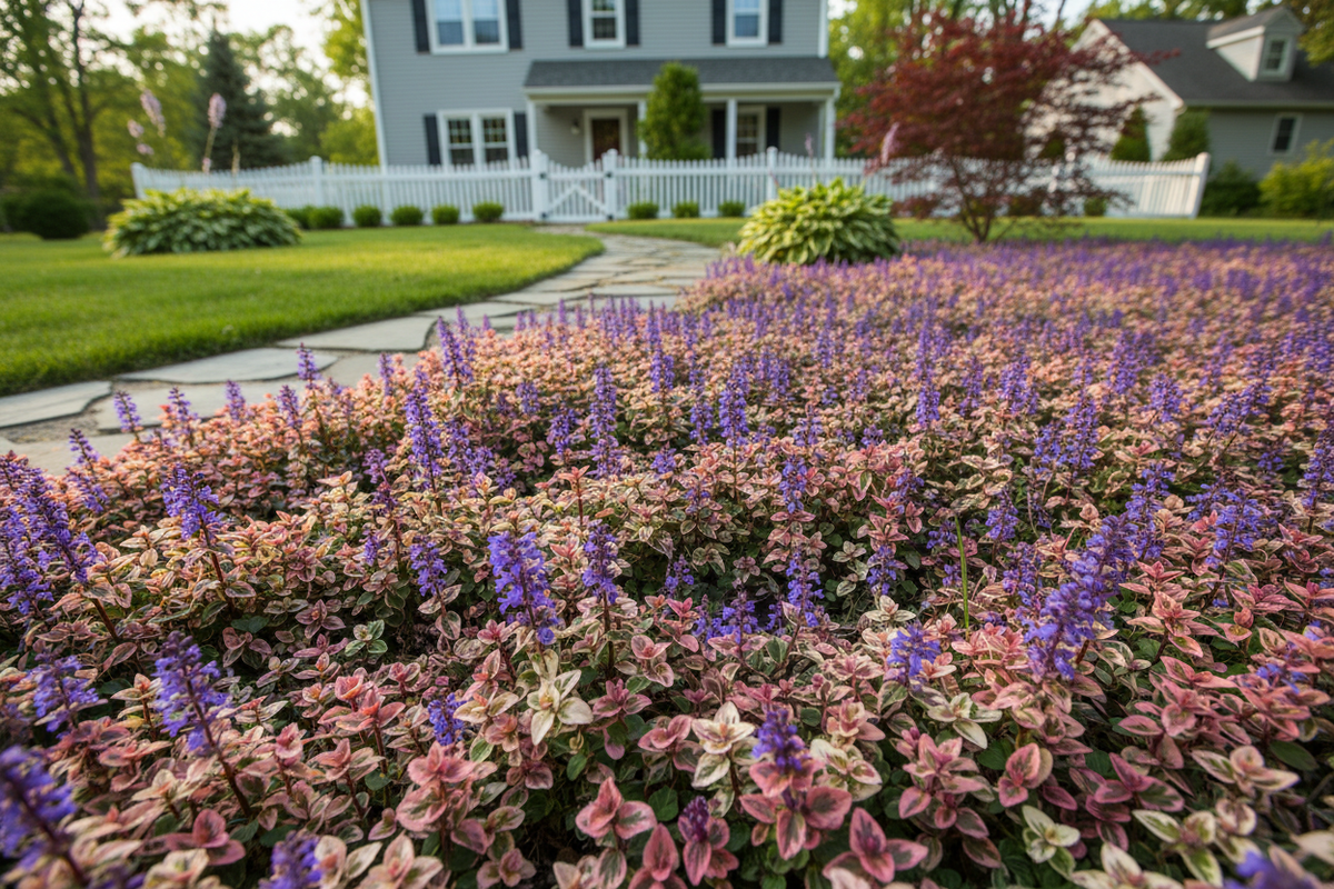 ajuga 'Burgundy Glow' Bugleweed perennial plants, suburbn setting,