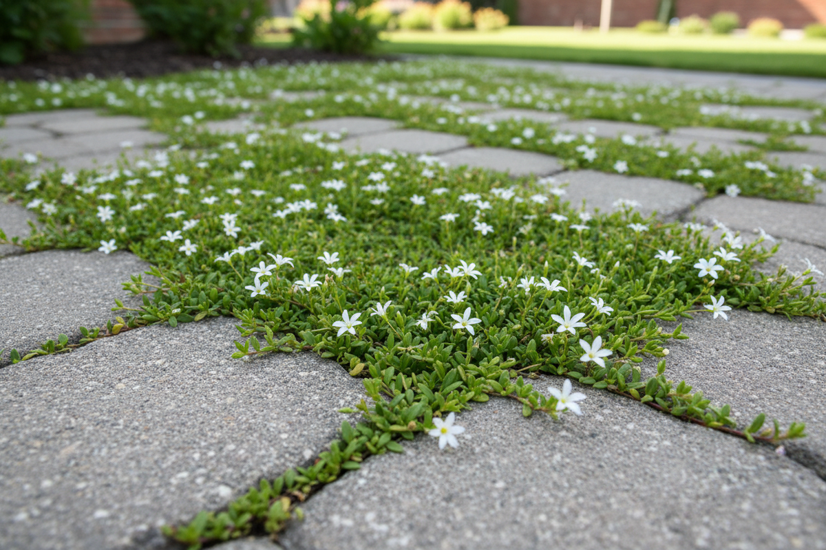 Isotoma fluviatilis Blue Star Creeper perennial plants, white flowers, as filler between paver stones, suburban setting,