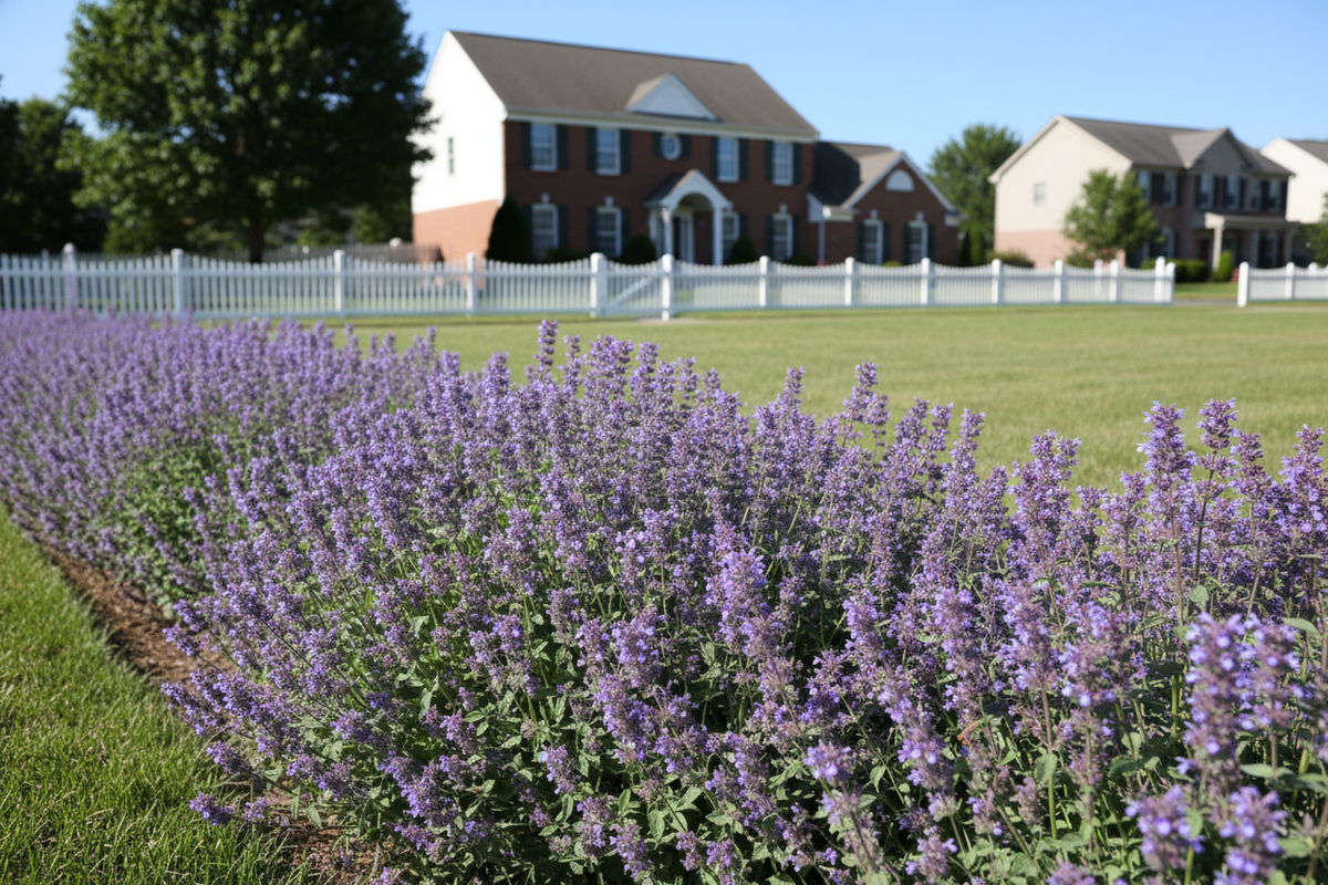 Nepeta 'Early Bird' Catmint perennial plants as a border, suburban setting, sunny day,