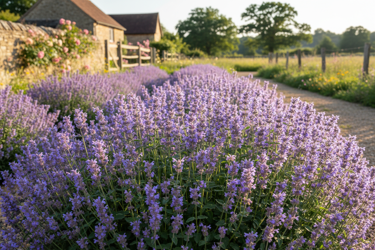 Nepeta faassenii 'Walker's Low' Catmint perennial plants, sunny rural garden setting,