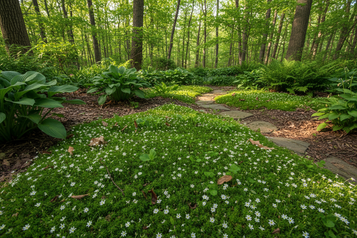 Sagina 'Scotch' Moss perennial plants, woodland backyard setting,