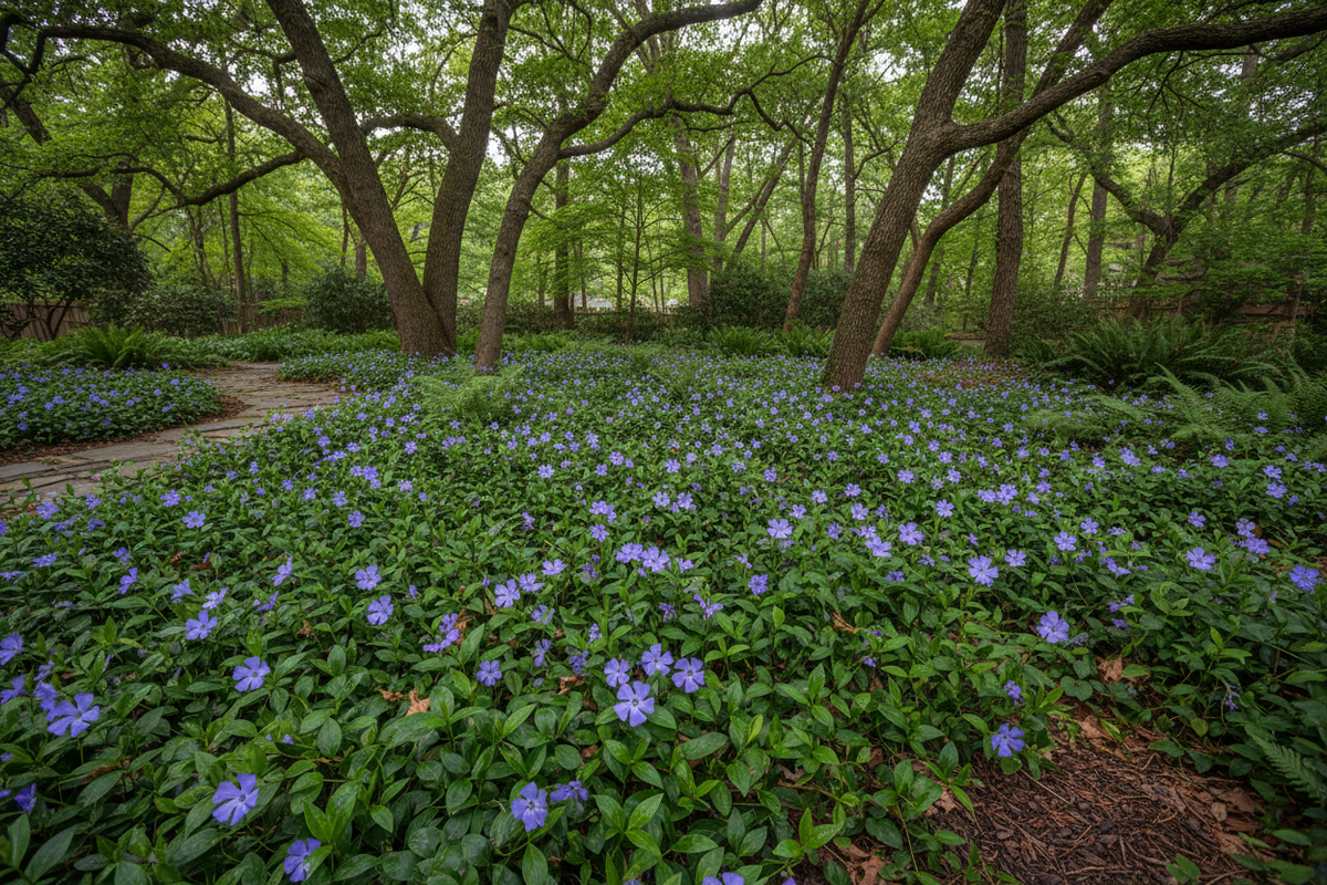 vinca 'bowles' periwinkle perennial groundcover plants, suburban woodland setting