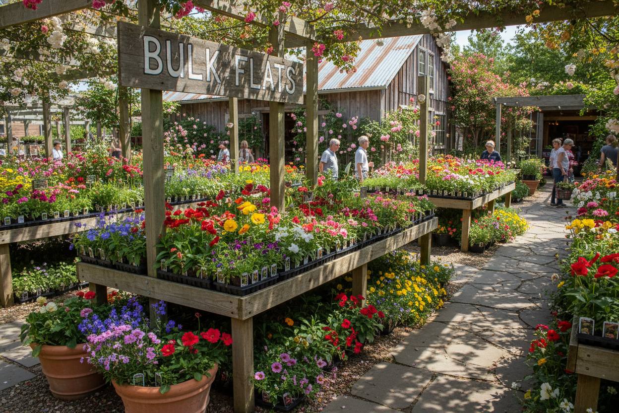 A beautiful country perennial flowers store, bright sunny day very colorful perennials in flats, sign says "Bulk Flats"