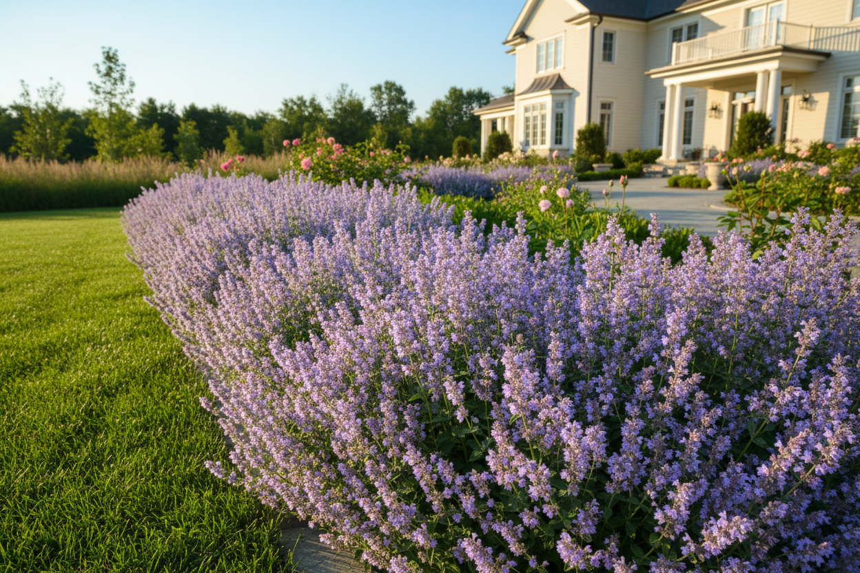 A garden bed with a lush, blue-flowered catmint plant in full bloom, with green leaves and purple flowers, as a border, sunny upscale suburban setting,