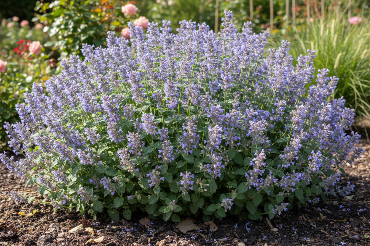 A garden bed with a lush, blue-flowered catmint plant in full bloom, with green leaves and purple flowers.