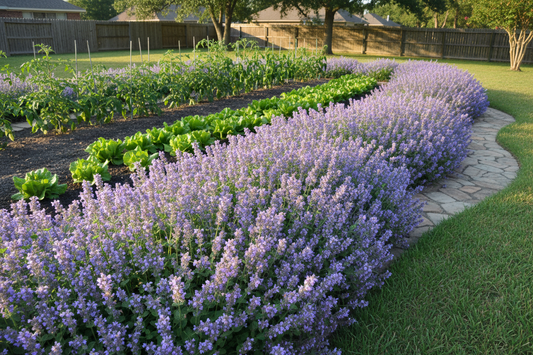 A garden bed with a lush, blue-flowered Nepeta 'Blue Wonder' catmint plant in full bloom, with green leaves and purple flowers, as a vegetable garden border, sunny suburban backyard,