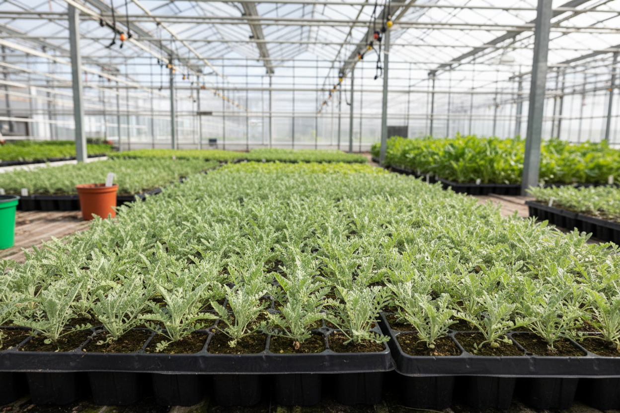 Achillea 'Moonshine' perennial starter plant plugs, in a flat, in a greenhouse,