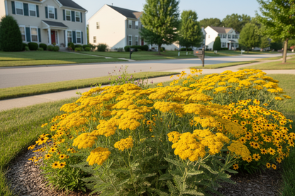 achillea 'moonshine' yarrow, bright yellow perennial plants, suburban setting,