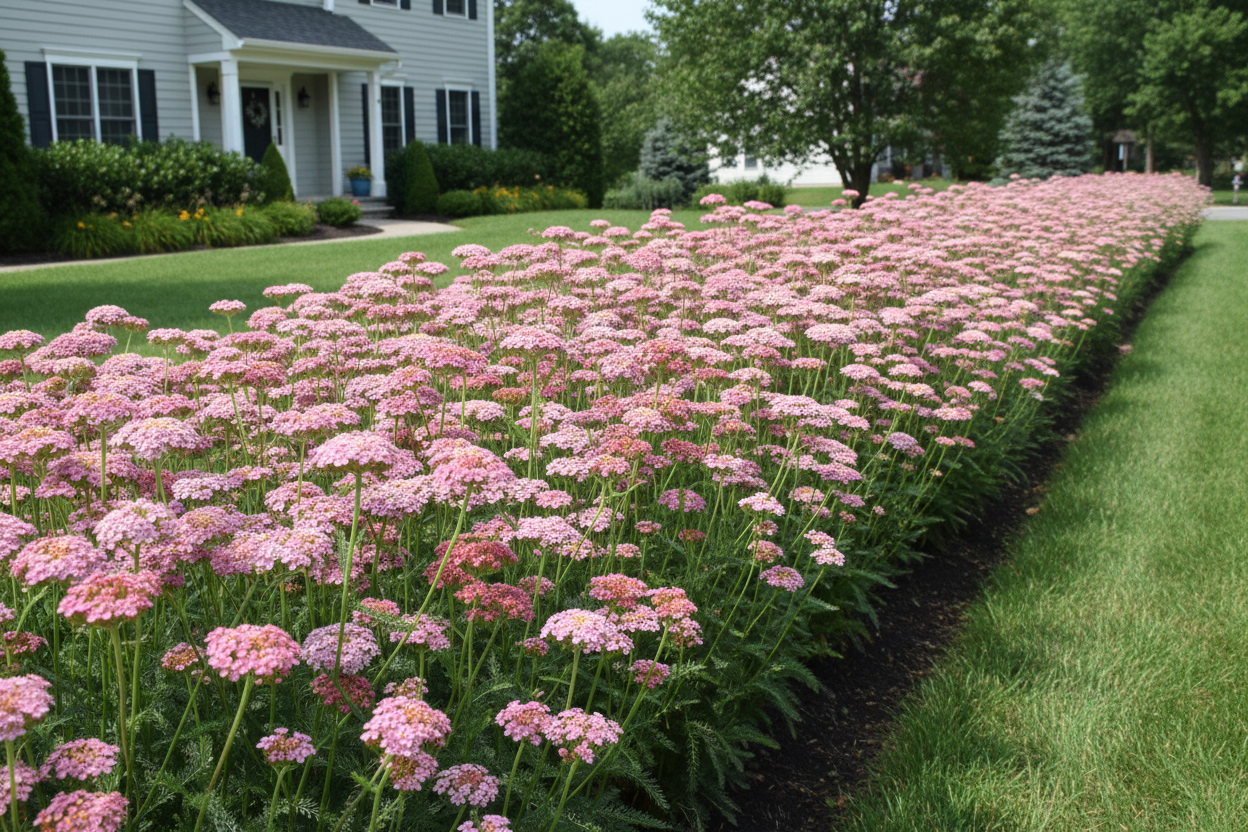 Achillea 'Oertel's rose' yarrow perennial plants as a border, suburban setting,