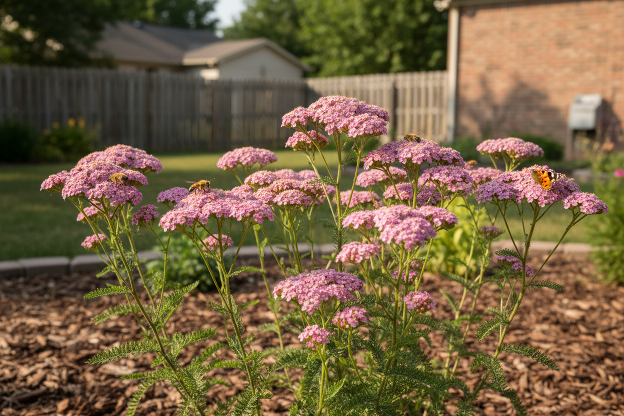 Achillea 'Oertel's rose' yarrow perennial plants, suburban garden setting, with pollinators