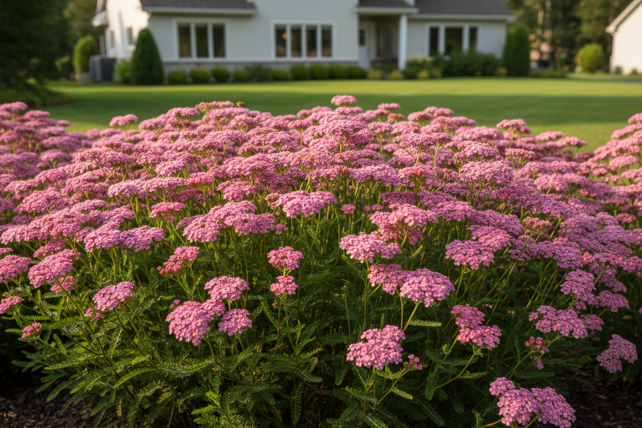 Achillea 'Oertel's rose' yarrow perennial plants, suburban setting, full and lush