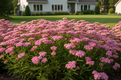 Achillea 'Oertel's rose' yarrow perennial plants, suburban setting, full and lush
