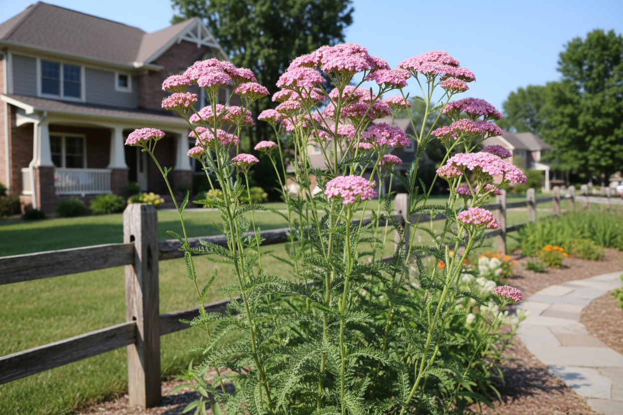 achillea 'oertel's rose' yarrow perennial plants, suburban setting,