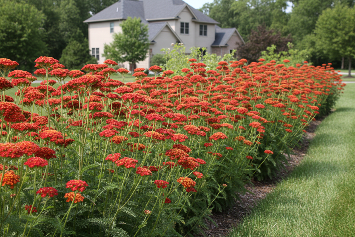 achillea 'paprika' yarrow perennial plants as a border, suburban setting,