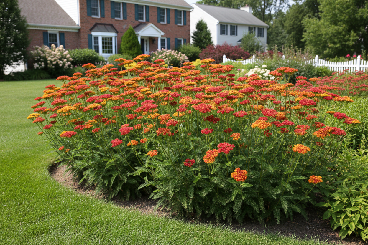 achillea 'paprika' yarrow perennial plants, suburban setting,