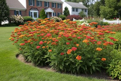 achillea 'paprika' yarrow perennial plants, suburban setting,