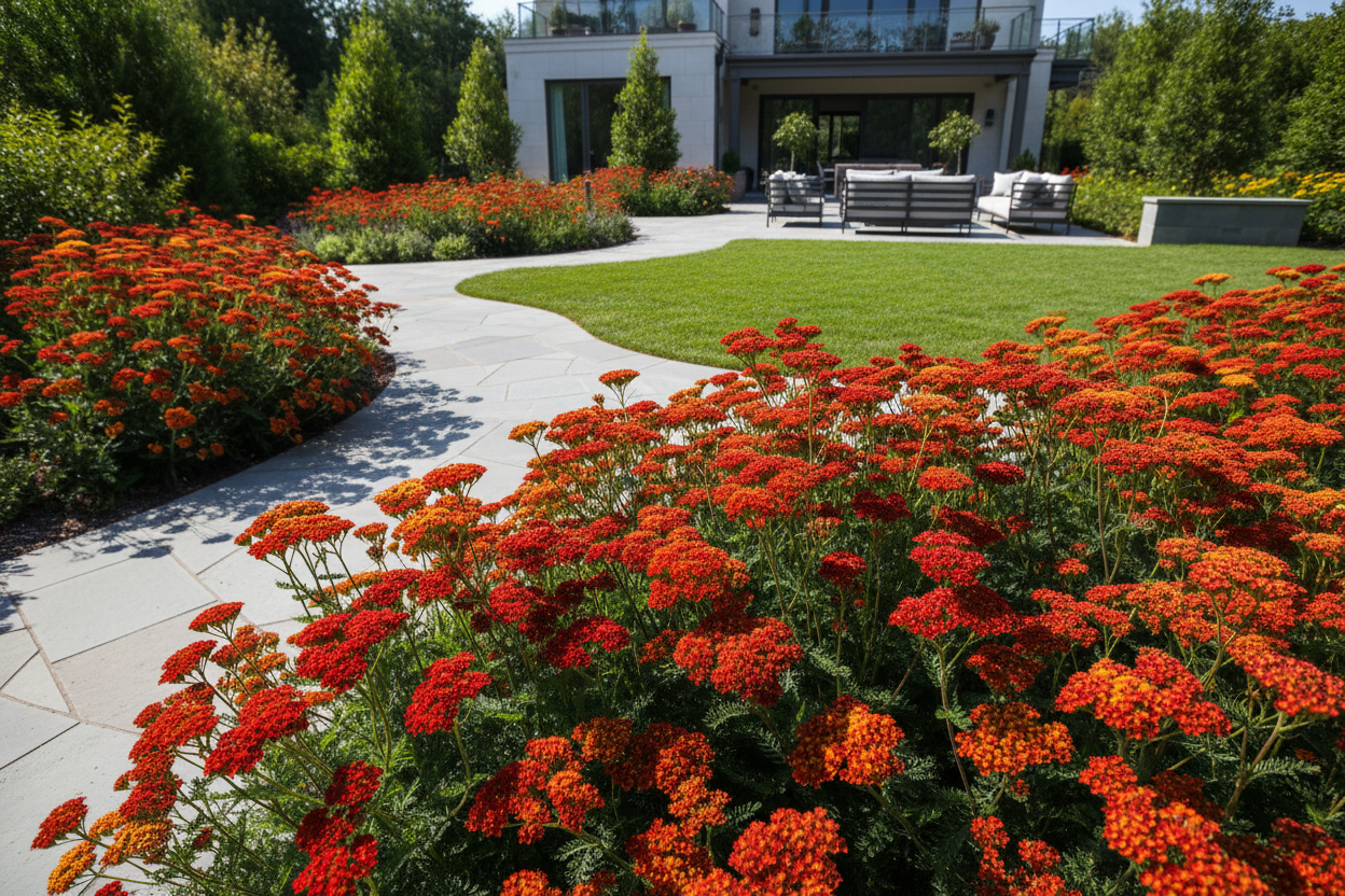 achillea 'paprika' yarrow perennial plants, upscale suburban setting,