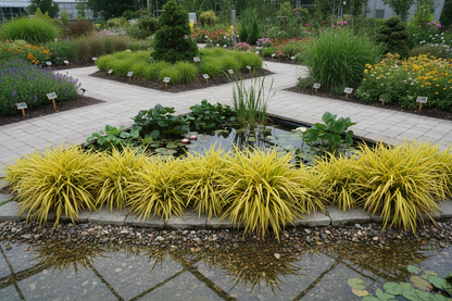 Acorus gramineus 'Ogon' Golden Variegated Sweet Flag perennial plants, water side, commercial setting