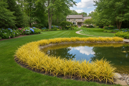 Acorus gramineus 'Ogon' Golden Variegated Sweet Flag perennial plants, waterside , suburban setting