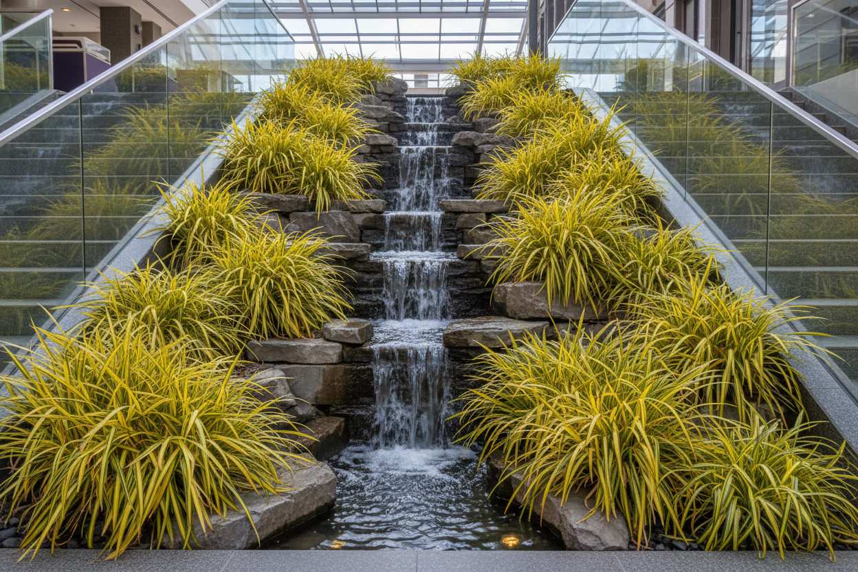 Acorus gramineus 'Ogon' Golden Variegated Sweet Flag perennial wetland plants, commercial waterfall setting,