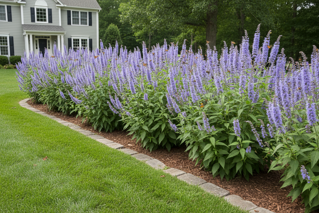 agastache 'blue fortune' perennial plants with pollinators, as a border, suburban setting