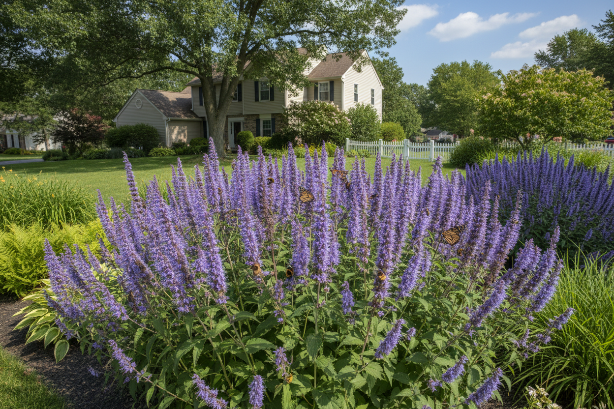 agastache 'blue fortune' perennial plants with pollinators, suburban setting