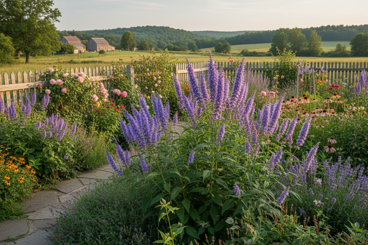 agastache blue fortune plants, rural garden setting