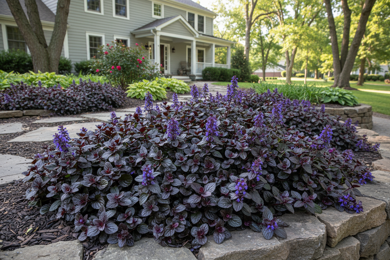 Ajuga 'Black Scallop' bugleweed perennial plants, suburban setting,