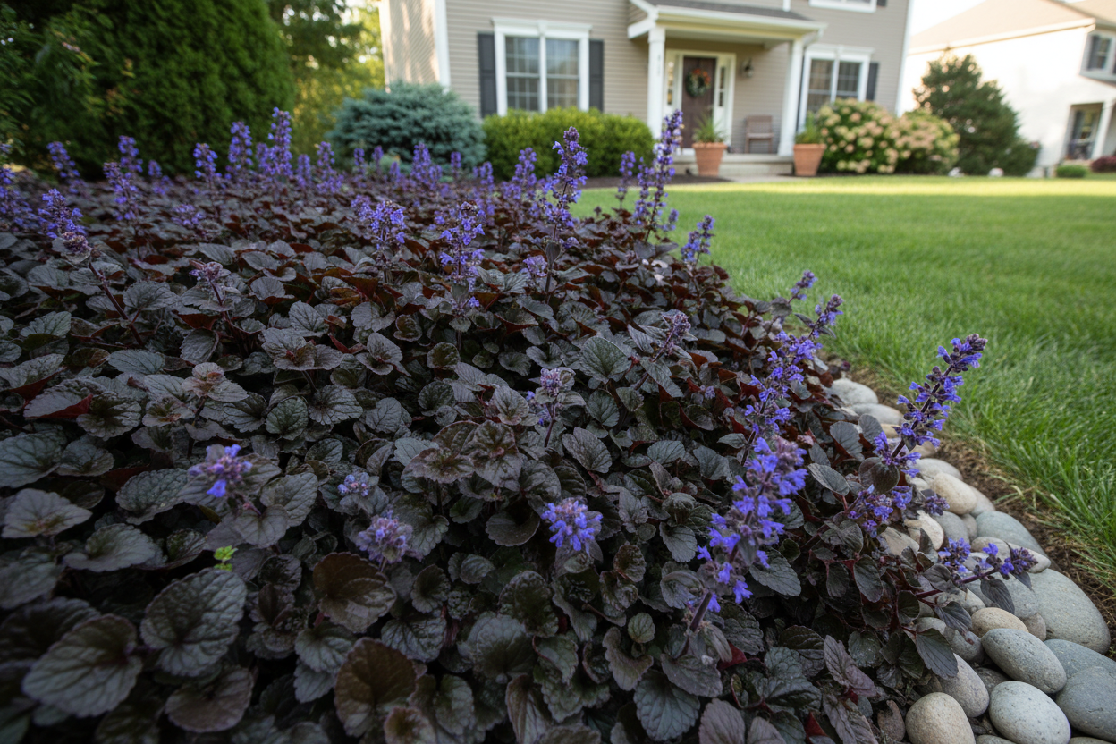 Ajuga 'Black Scallop' Bugleweed perennial plants, suburban setting,