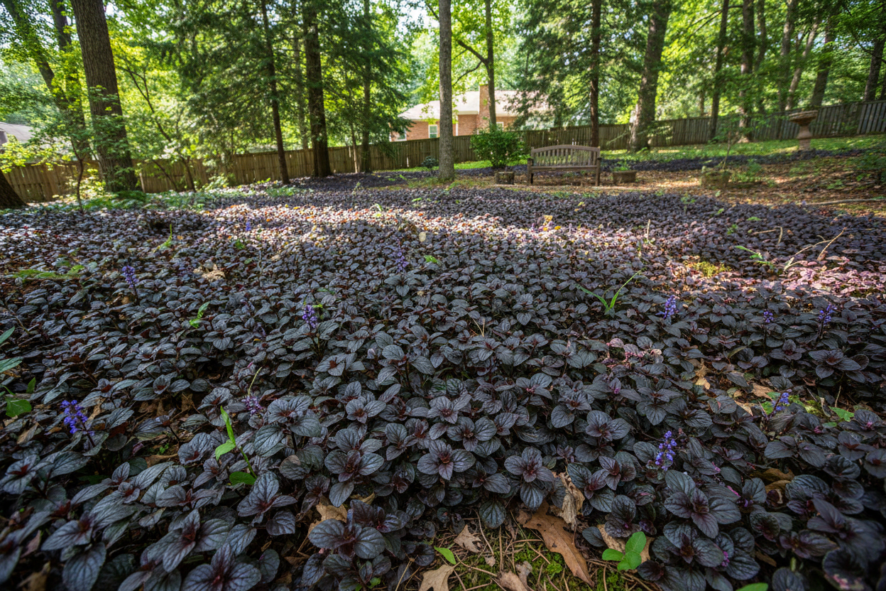 Ajuga 'Black Scallop' Bugleweed perennial plants, suburban woodland setting,