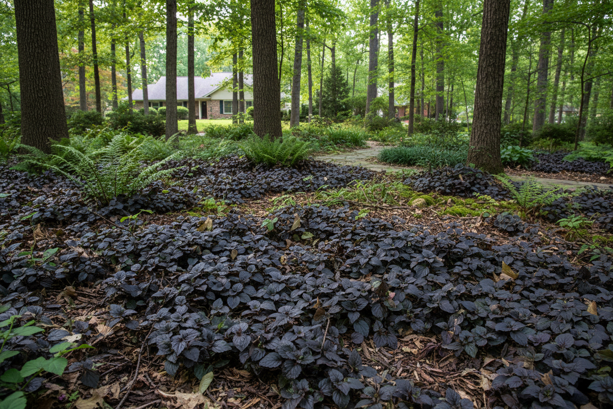 Ajuga 'Black Scallop' Bugleweed perennial plants, suburban woodland setting,