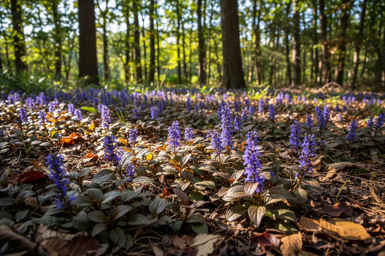 Ajuga 'Bronze Beauty' bugleweed perennial plants, suburban woodland setting,