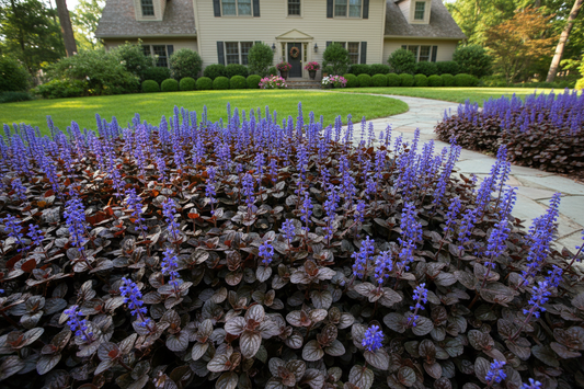 ajuga bronze beauty perennial plants, suburban setting