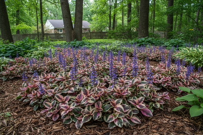 ajuga 'burgundy glow' bugleweed perennial plants, woodland suburban setting,