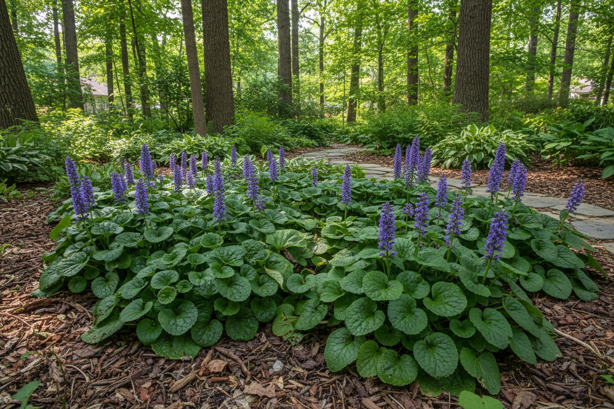 Ajuga 'Caitlin's Giant' Bugleweed perennial plants, suburban woodland setting,