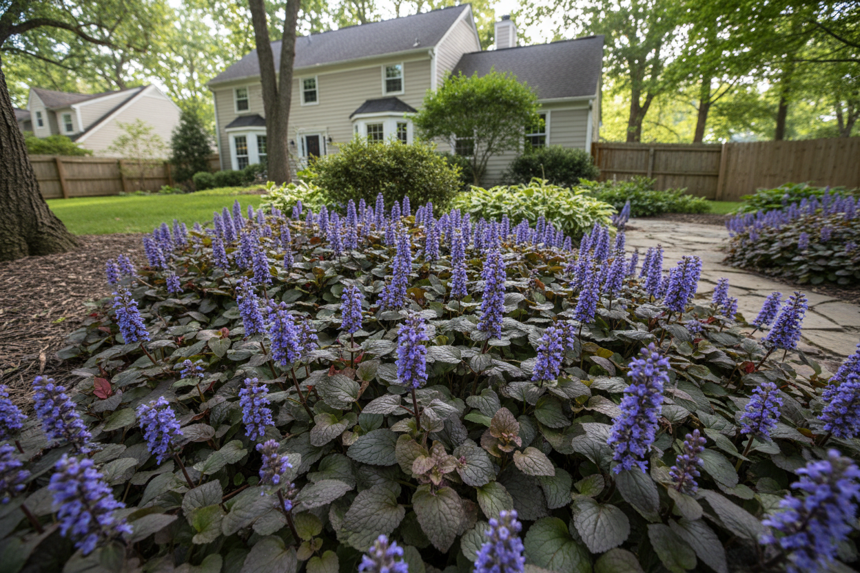 Ajuga 'Catlin's Giant' bugleweed perennial plants, suburban setting,