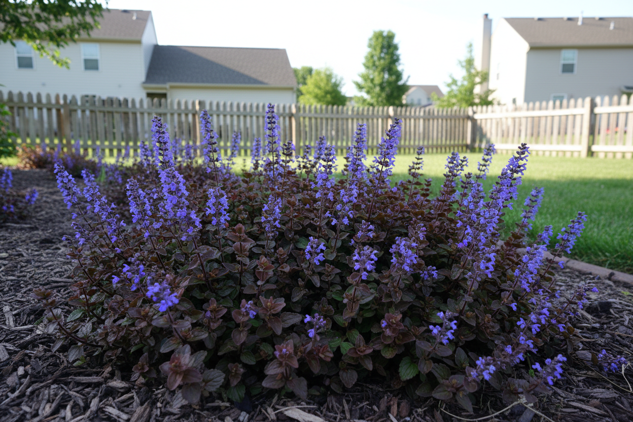 ajuga "chocolate chip" bugleweed perennial plants, sunny backyard suburban setting,