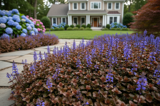 Ajuga 'Chocolate Chip' bugleweed, suburban setting
