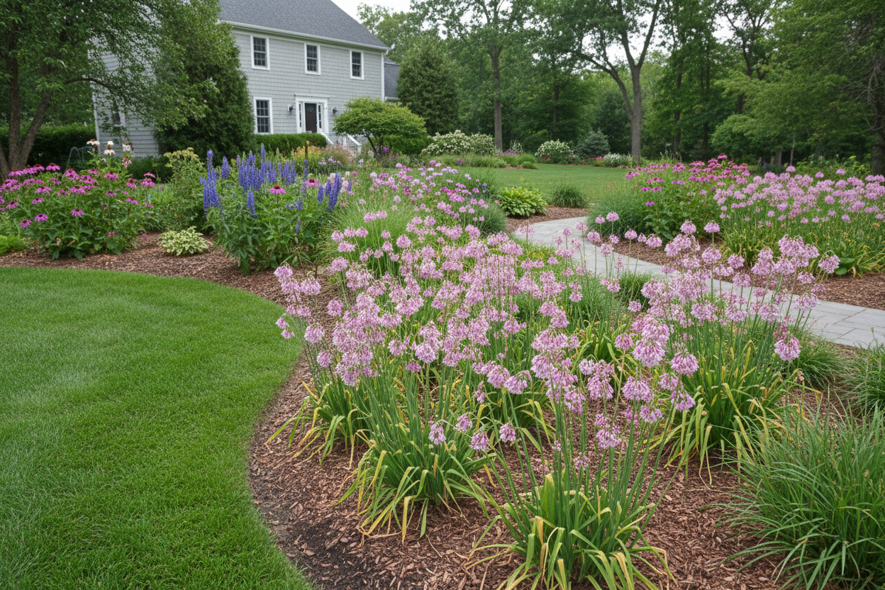 allium cernuum perennial plants, landscaped suburban setting,