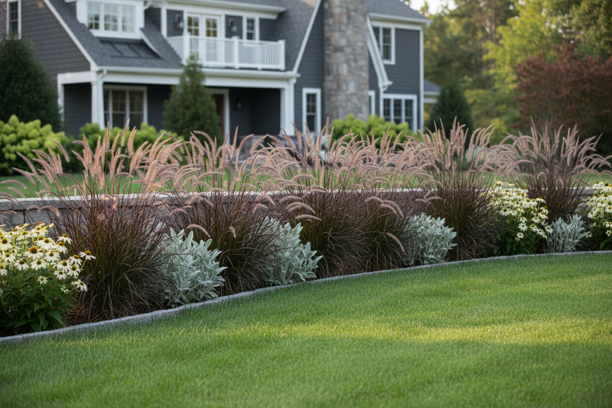Andropogon 'Blackhawks' as a border, upscale suburban setting