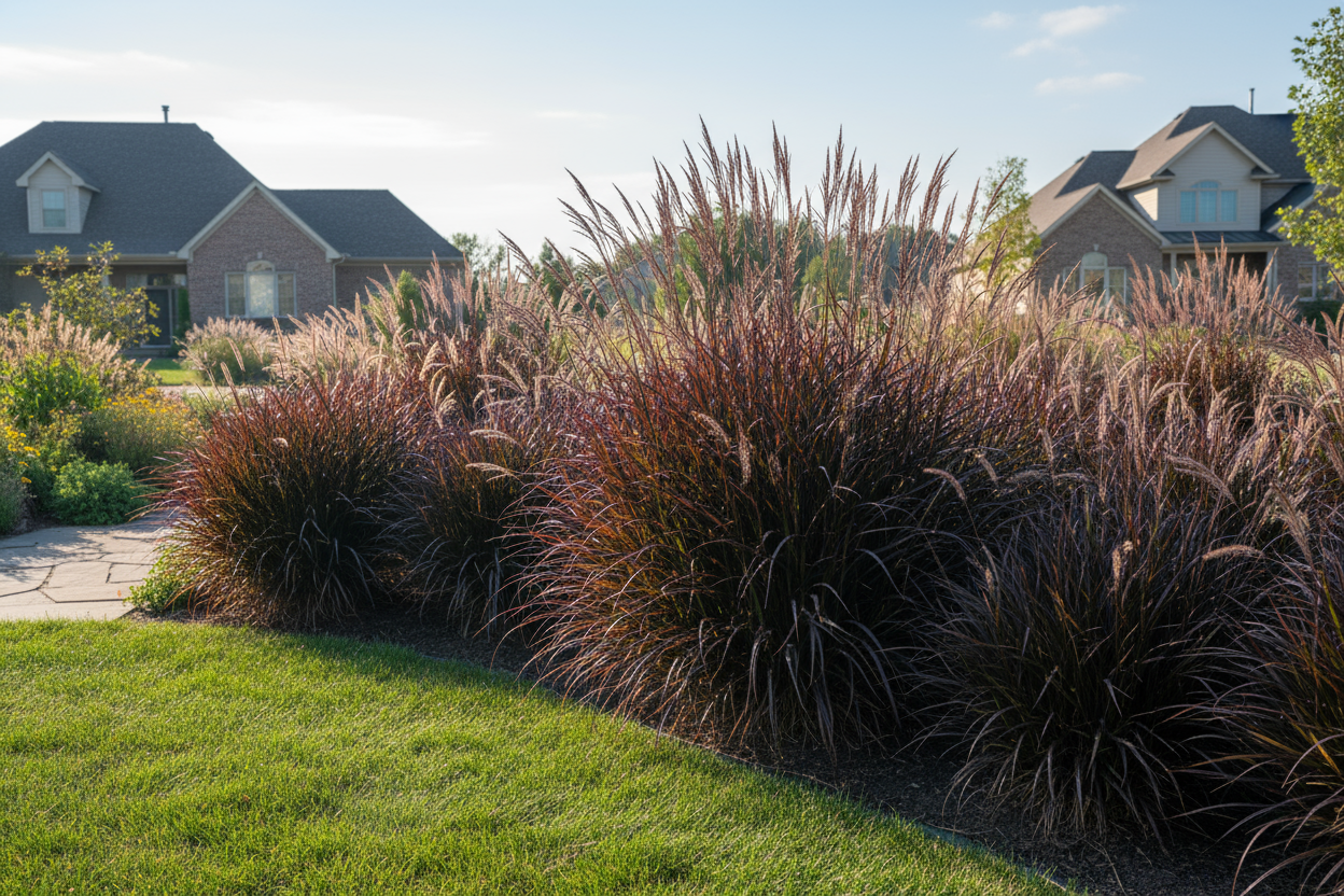 Andropogon 'Blackhawks' perennial plants, suburban setting,