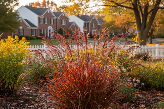 Andropogon 'dancing wind' burgundy red fall colors, stiff branches, suburban setting,