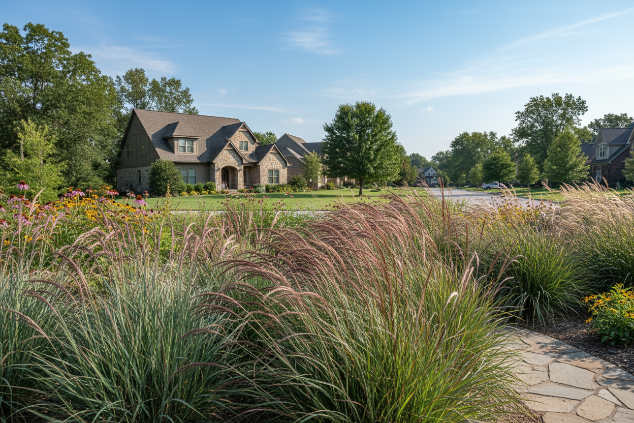 Andropogon 'Dancing Wind' perennial plants, suburban setting,