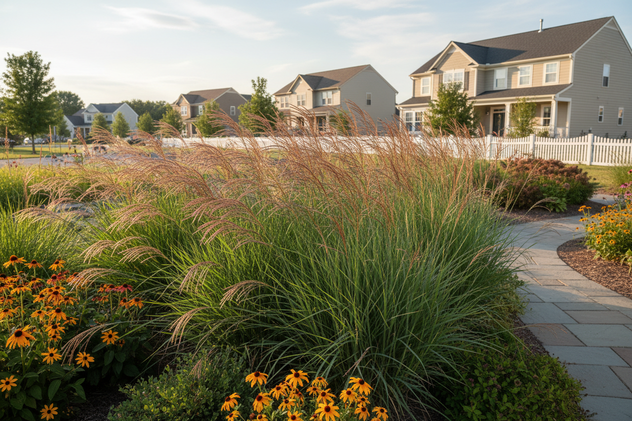 Andropogon gerardii ‘Dancing Wind’ Big Bluestem perennial plants, suburban setting,