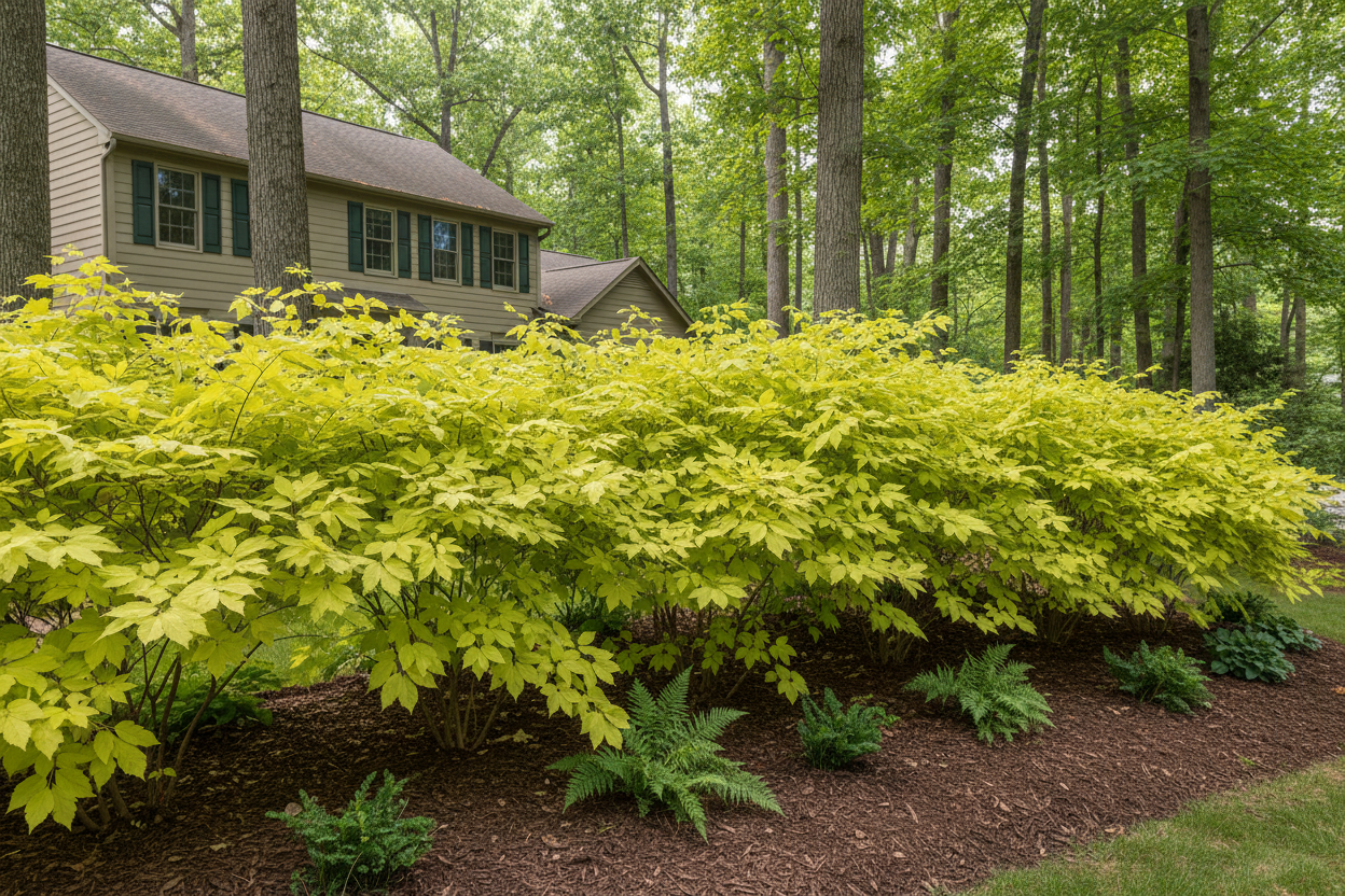 Aralia cordata 'Sun King' perennial shrubs, as privacy border, woodland suburban setting,