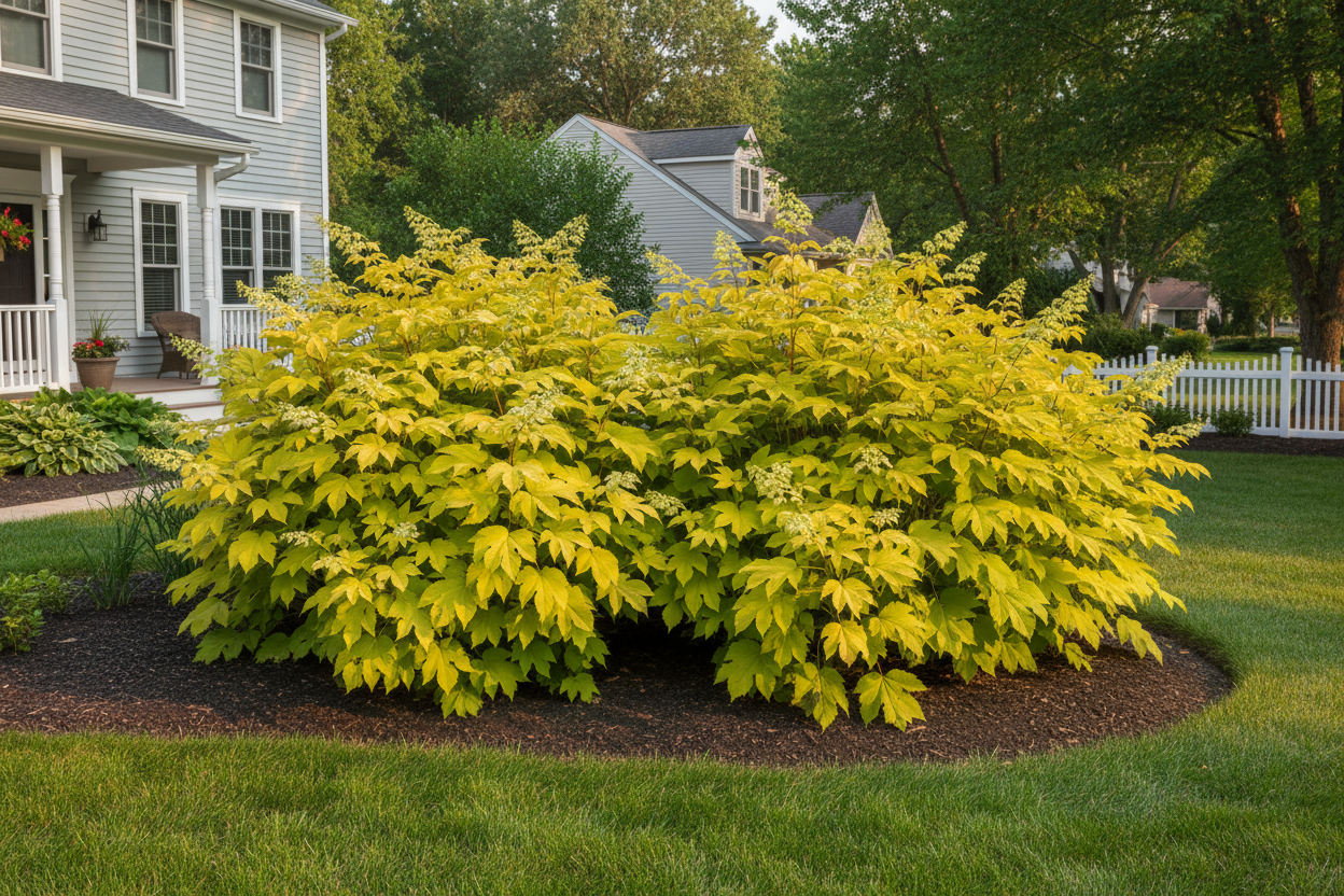 Aralia cordata 'Sun King' perennial shrubs, suburban setting