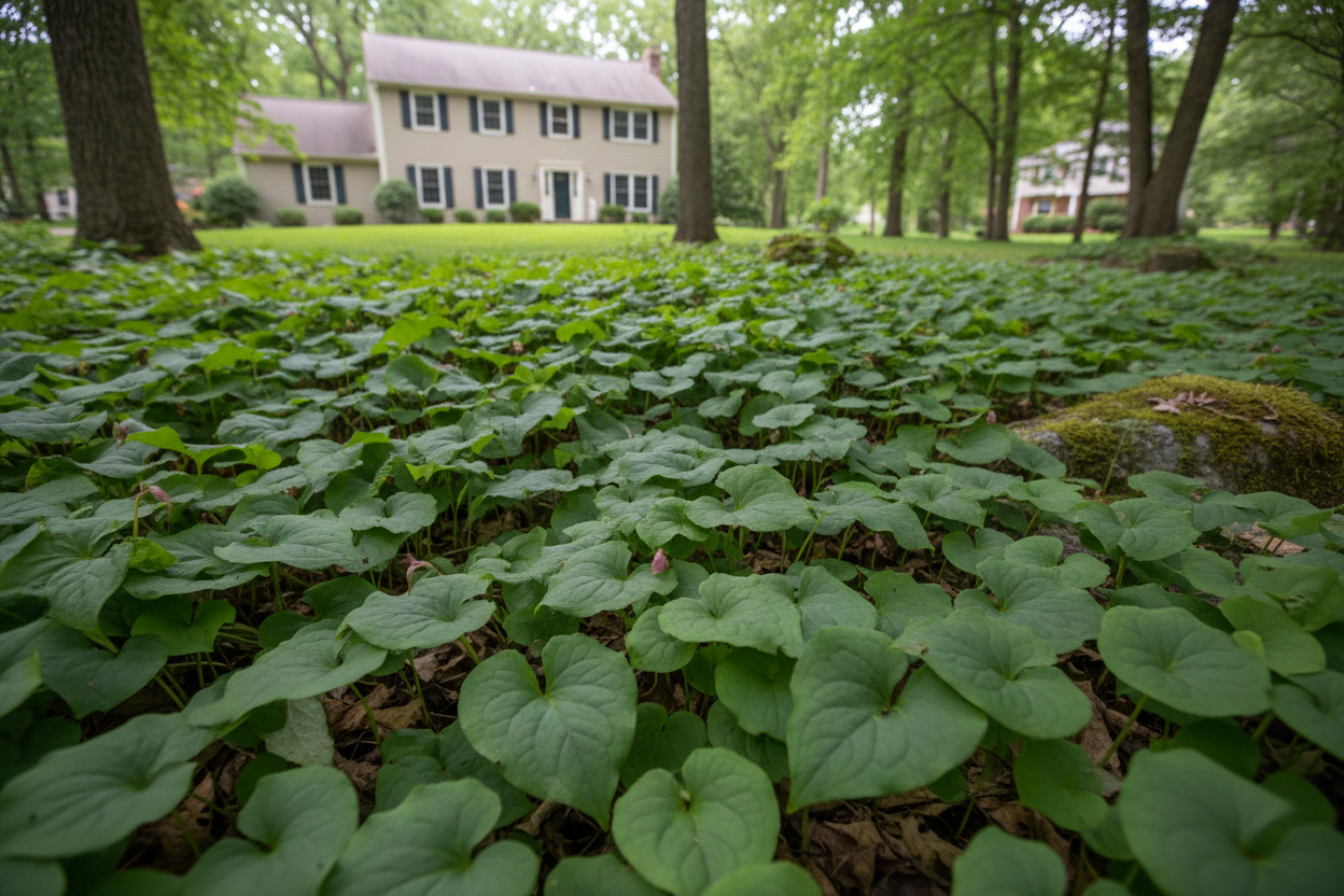 Asarum canadense 'Canadian Wild Ginger' perennial plants, suburban setting