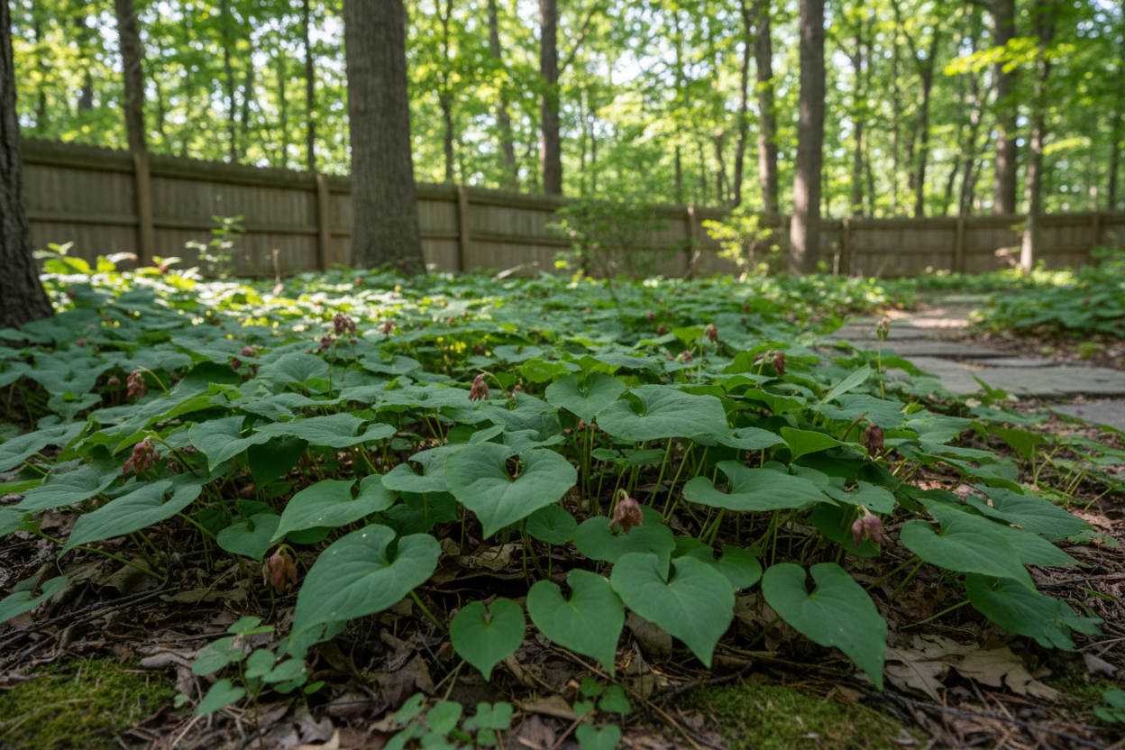 Asarum canadense Canadian Wild Ginger perennial plants, suburban woodland setting