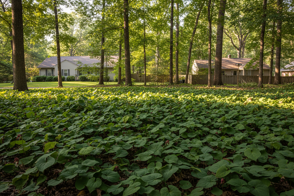 Asarum canadense 'Canadian Wild Ginger' perennial plants, under trees, neighborhood setting,