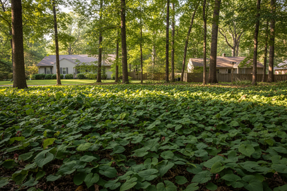 Asarum canadense 'Canadian Wild Ginger' perennial plants, under trees, neighborhood setting,